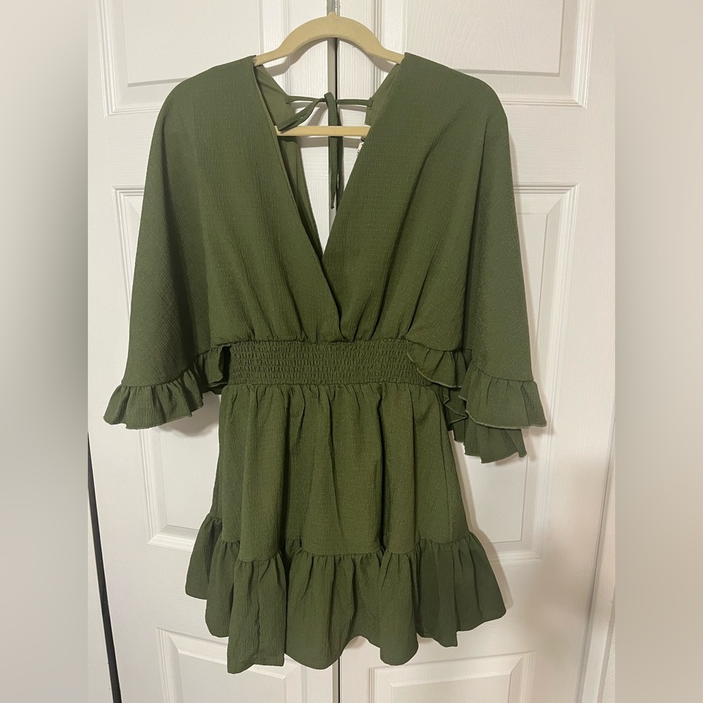 Plunging ruffle-trim mini dress with shorts built in. V-neck olive color. L, NWT - Picture 4 of 13
